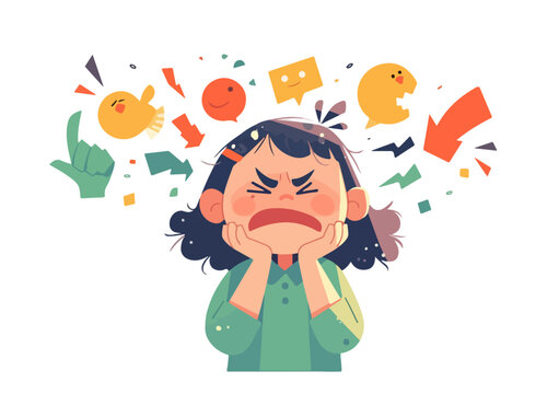 Ilustra&ccedil;&atilde;o vetorial de garota frustrada ou irritada cercada por bal&otilde;es de fala e &iacute;cones de feedback negativo.