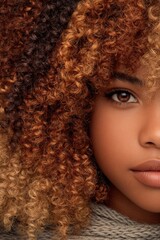 Closeup portrait of young Black woman with voluminous ombre curly hair and soft makeup