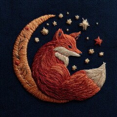 Embroidered red fox sitting on crescent moon surrounded by stars on dark fabric