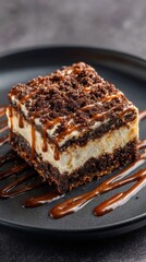 Layered chocotorta dessert with cream and chocolate cookie base topped with caramel drizzle on black plate