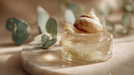 Snail on open skincare jar with golden gel representing snail mucin use in cosmetics