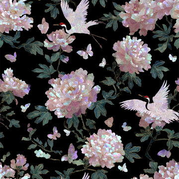 Seamless luxury Korean traditional mother of pearl lacquerware pattern with iridescent peonies and cranes on black background (검은 배경 위 영롱한 모란과 학이 있는 럭셔리 한국 전통 나전칠기 연속 패턴)