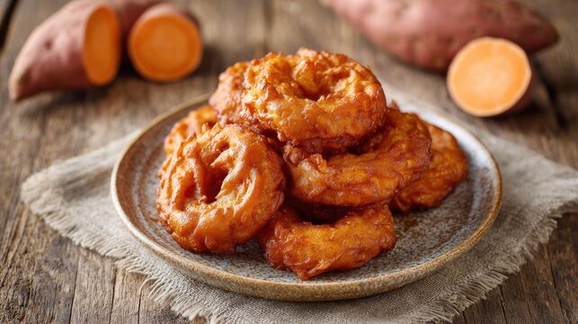 Peruvian picarones made with sweet potato and squash stacked on rustic ceramic plate with fresh ingredients in background