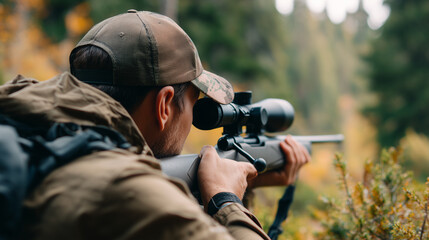 Fototapeta premium Focused hunter aiming a scoped rifle while stalking wildlife in a forest during autumn.