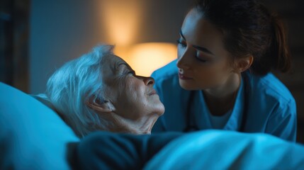 Medium shot of a professional overnight caregiver attentively watching a sleeping elderly patient ensuring safety and comfort during nighttime hours with focused care.