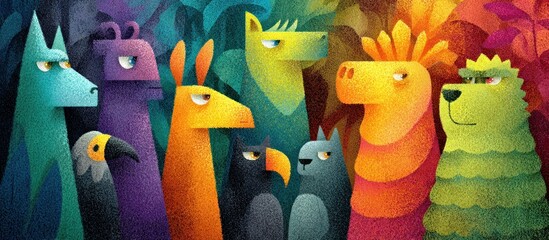 Obraz premium Colorful group of stylized animals with diverse expressions amidst vibrant foliage