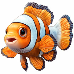 A colorful cartoon illustration of a tropical orange clownfish with white stripes and yellow fins swimming isolated on a white background as a vibrant marine nature