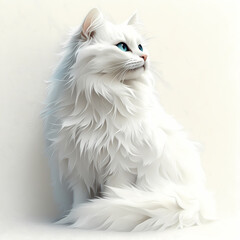 An adorable fluffy white Persian kitten with beautiful blue eyes sits as a young domestic pet mammal in this isolated portrait of a cute furry feline breed with long hair