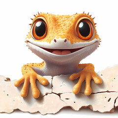 A cute and happy Orange lizard toy isolated on white is a funny plastic amphibian illustration of wildlife nature featuring bright orange accents similar to a cartoon lizard or reptile gecko