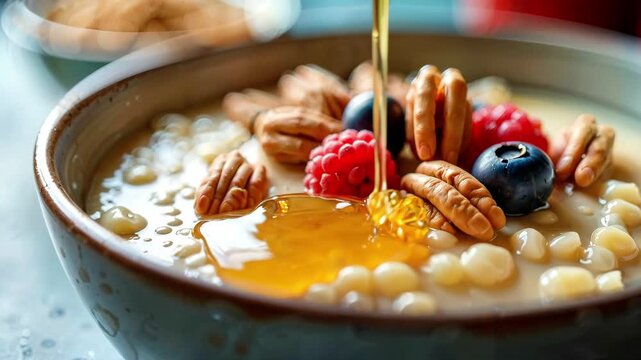 Honey drizzling over cereal with berries and nuts in a bowl, dynamic sequence for a healthy and sweet breakfast concept