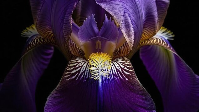 Close up of a vibrant purple iris flower with intricate details.