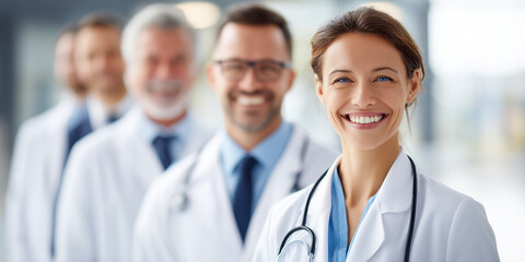 Smiling team of professional doctors standing in a modern hospital corridor.