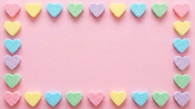 Pastel Sugar Hearts Frame on Pink Background with Copy Space Top View