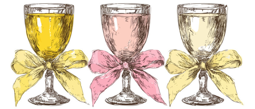 Tr&ecirc;s ta&ccedil;as de vinho desenhadas &agrave; m&atilde;o com la&ccedil;os coloridos, ideais para celebra&ccedil;&otilde;es com fundo transparente.