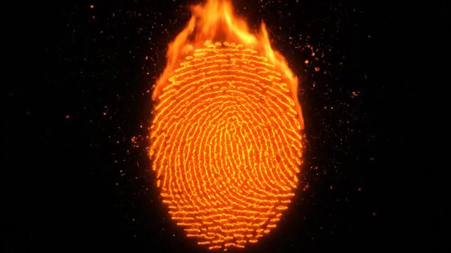 Close-up of a glowing orange fingerprint pattern with radiant circular ridges.