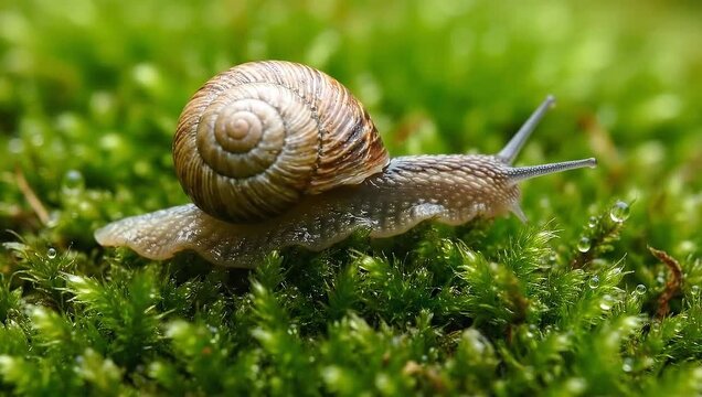 Close-up of a small snail with a spiral shell slowly moving across vibrant green moss in a natural outdoor setting.