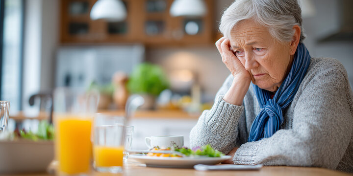 Lonely elderly woman with gray hair looking sad and tired while sitting at a table with untouched food in a cozy kitchen.
