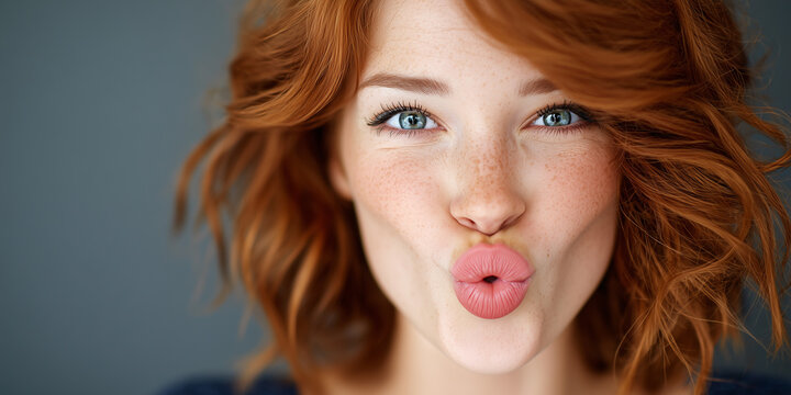 Expressive portrait of a red haired woman with freckles and blue eyes making a playful kiss face against a neutral background.