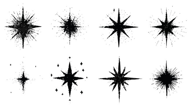 Conjunto de oito estrelas vetoriais pretas com diferentes estilos de brilho e pontas, isoladas em fundo transparente.