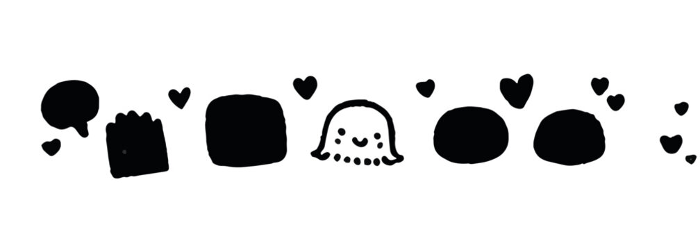 &Iacute;cones divertidos em preto e branco com um fantasma fofo e cora&ccedil;&otilde;es, ideais para design transparente.