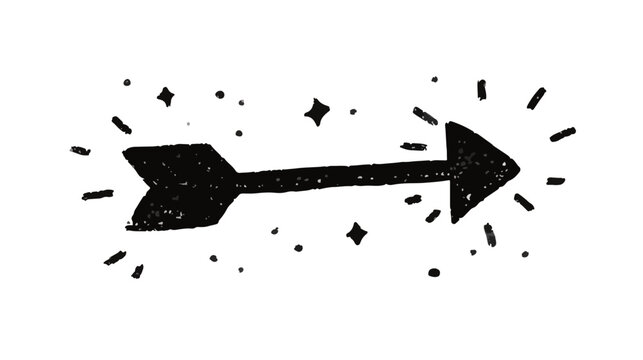 Seta desenhada &agrave; m&atilde;o preta com brilhos e estrelas, apontando para a direita, isolada em fundo transparente.