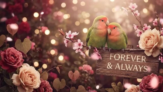 Lovebirds on Wooden Sign with Forever and Always Text in Floral Garden Animation