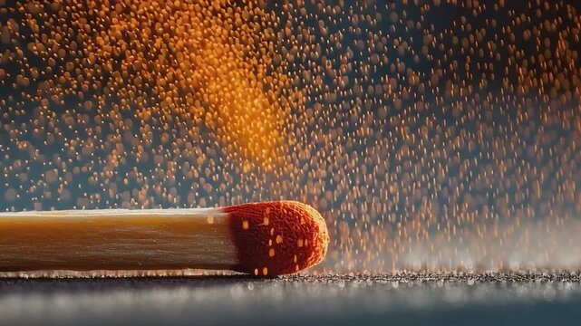 Ignited Match and Bursting Flame: A match ignites, with the head aflame, as it is struck, showcasing the raw power and ephemeral beauty of fire, with a shower of sparks that dance into the air.