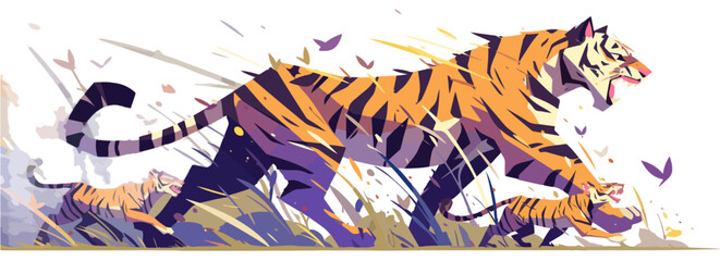 Fototapeta premium Ilustração vetorial estilizada de uma tigresa feroz protegendo seus filhotes em meio à vegetação com fundo transparente.