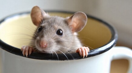 Adorable little rat peeking out of cup on light background, closeup