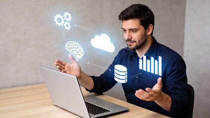 Man working with laptop and digital icons