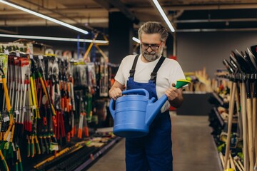 Man choosing watering can in hardware store