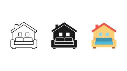 Fototapeta premium Three house icons with sofa home and building symbols in black white and colorful illustration