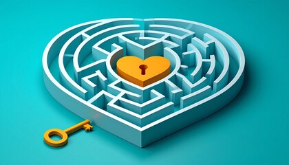 Heart shaped maze with golden key and heart lock solution inside