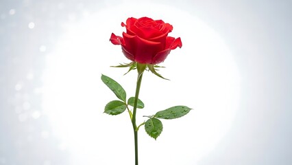 Obraz premium Single Red Rose Stem with Leaves on White Background