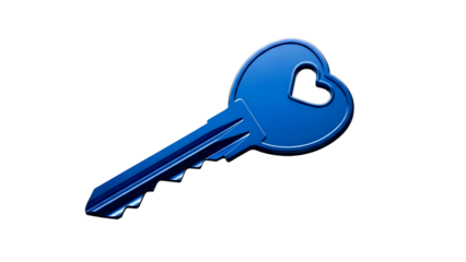 Blue heart-shaped key isolated on transparent background