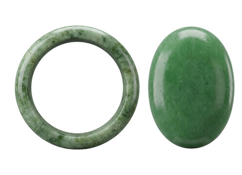 Green jade bangle and cabochon stone isolated