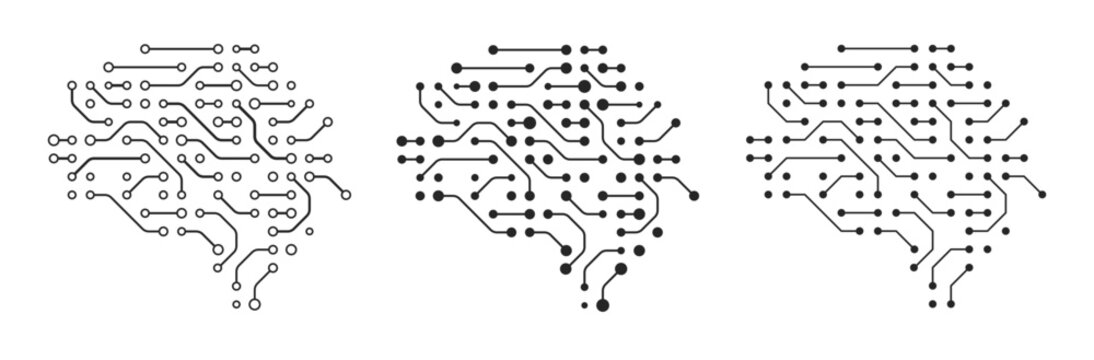 Vector illustration of brain circuits and AI, featuring a cyborg brain with a circuit board. It includes an outlined AI icon, symbolizing the digital mind and technology concepts