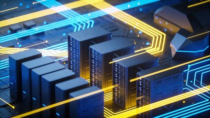 Server racks with glowing circuit lines