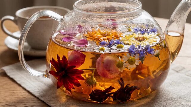 Close up view of a floral tea infusion with colorful flower petals floating in a clear glass teapot healthy herbal drink 4k video footage