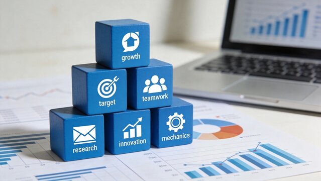 Blue cubes with business icons on charts - Powered by Adobe