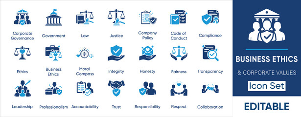 Business ethics icon set. Containing compliance, integrity, responsibility, trust, law, justice, honesty, leadership and more. Solid vector icons collection.