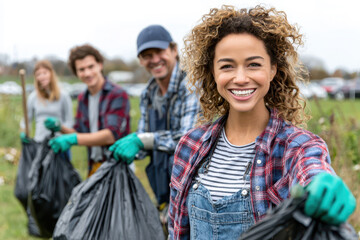 Group of volunteers smiling and cleaning a park area together outdoors