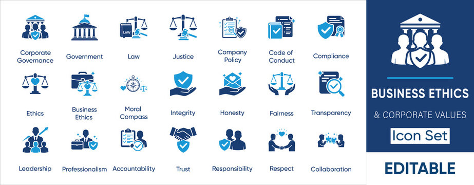Business ethics icon set. Containing compliance, integrity, responsibility, trust, law, justice, honesty, leadership and more. Solid vector icons collection.