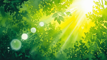 Bright green leaves illuminated by sunbeams, a beautiful watercolor nature scene with sun-drenched foliage © Beny Qurdy