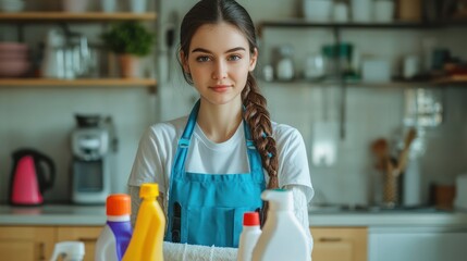 Woman in apron, cleaning supplies