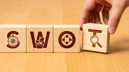 Wooden blocks with SWOT analysis symbols