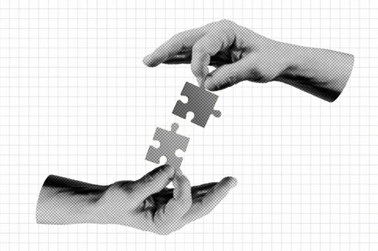 Halftone collage human hands connecting puzzle together. Business success and idea concept