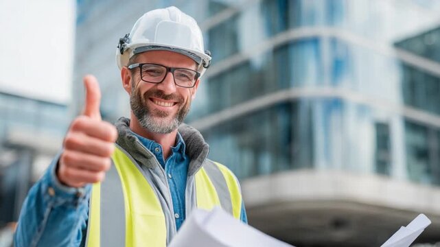 Positive Progress: A construction professional, complete with safety attire, confidently offers a thumbs-up against the backdrop of a modern building, representing assurance and project advancement.