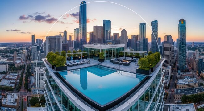 Luxury Rooftop Pool Overlooking a Modern City Skyline at Sunset.