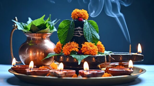 Shiv Lingam Puja Setup with Diya Lamps and Incense Smoke